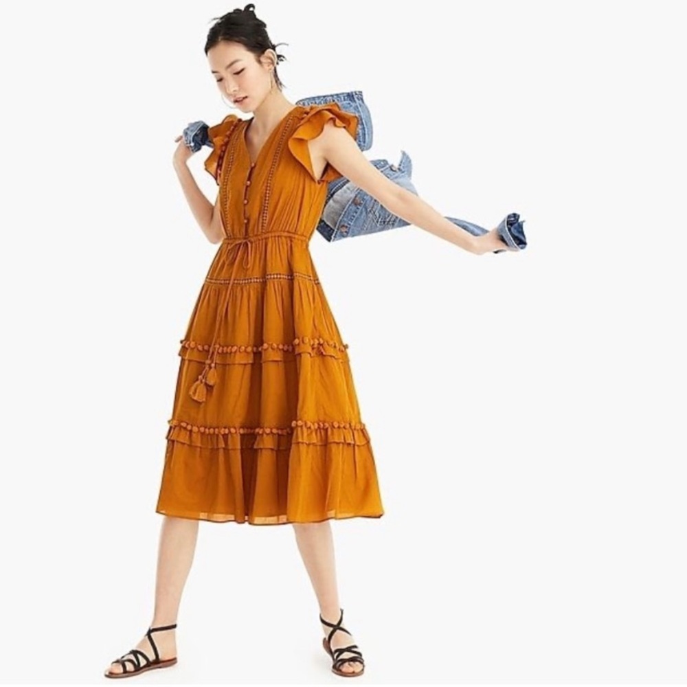 Point Sur for Jcrew Pom-Pom Flutter Sleeve Cotton Midi Dress in Caramel (size 0)